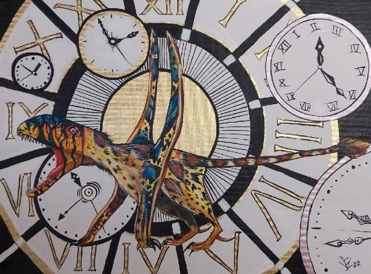 Тик-Так
Холст, акрил, поталь, 30*40, 2022. В частной коллекции.