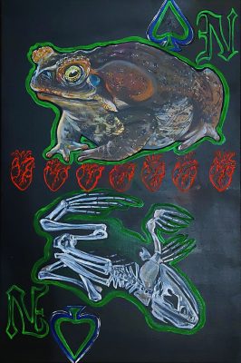 Стадия 1: Нигредо. Алхимия ХХ века. Серия "Стадии Великого Делания".
Холст, акрил, флуоресцентные краски, 40*60, 2021.